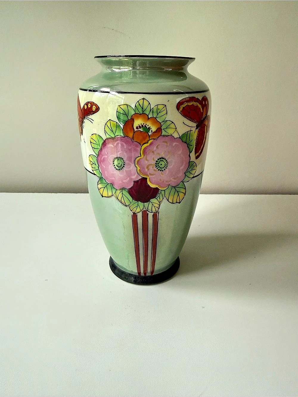 Floral Painted Vase in Green & Pink